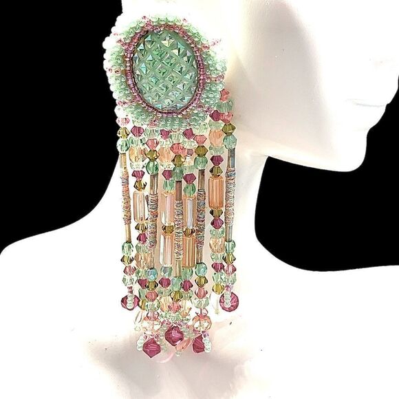 Hand Crafted Jewelry - Fabulous huge Iridescent green pink gold chandelier hand crafted earrings